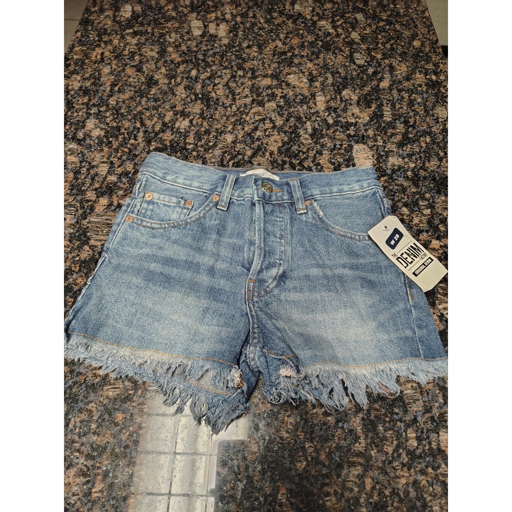Mango MNG Denim Factory Frayed Hem Jean Shorts Medium Wash Blue W28 USA 1
